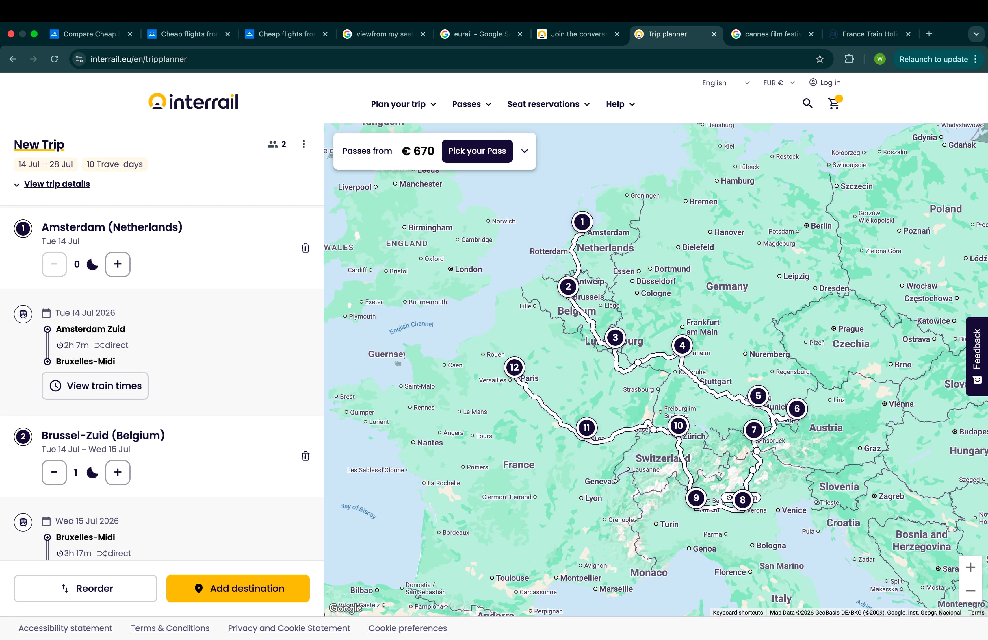 Screenshot of the former Interrail web Trip Planner with a route map and trip sidebar