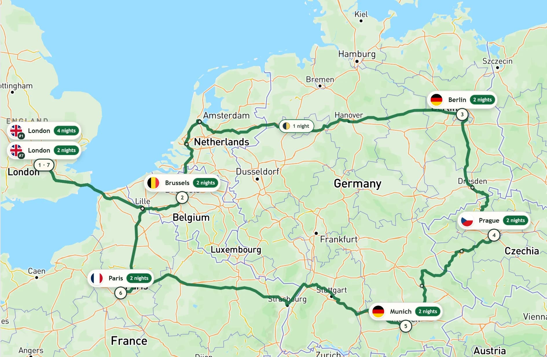Example Railey route map linking London, Brussels, Berlin, Prague, Munich, and Paris, with nights at each stop