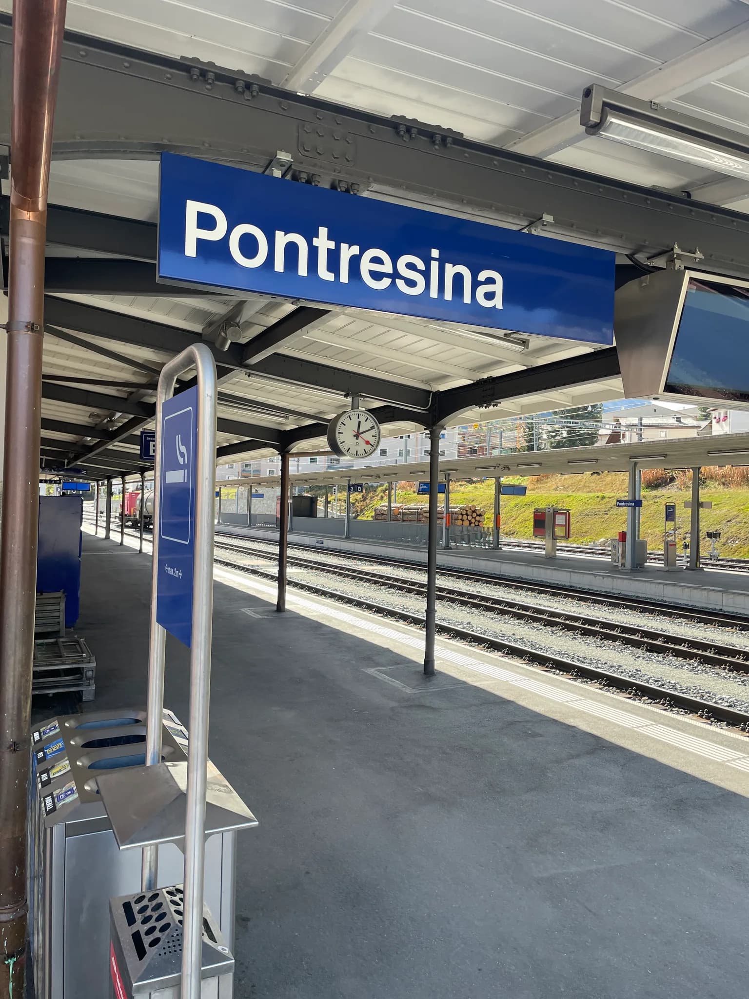 Pontresina railway station sign photographed during a short stop on the Bernina route