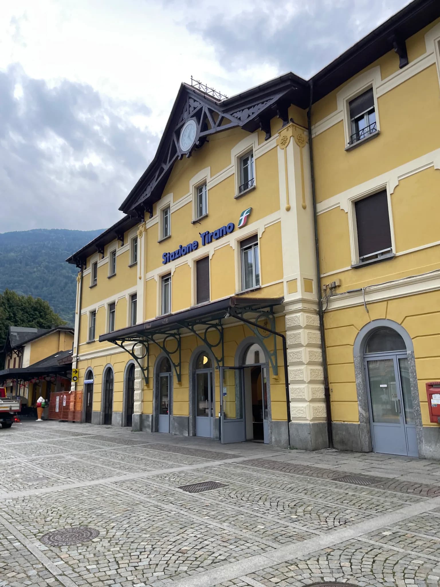 Tirano railway station exterior after arriving from Switzerland on the Bernina route