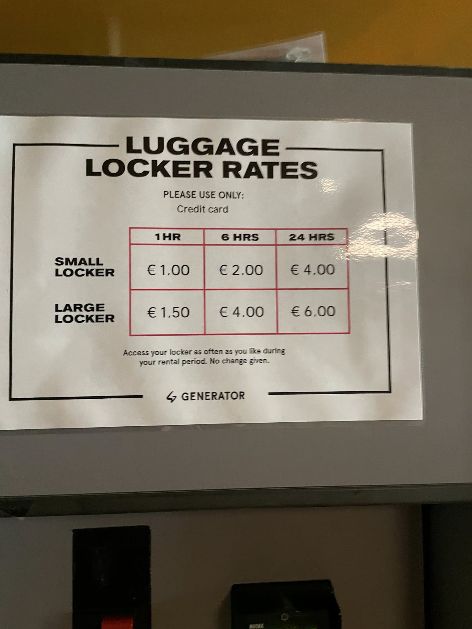 Luggage locker price list at Generator Hostel Hamburg in September 2026