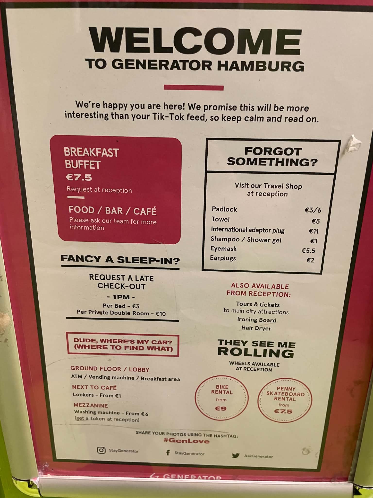 Generator Hamburg information board showing breakfast, towel, late checkout, and other prices