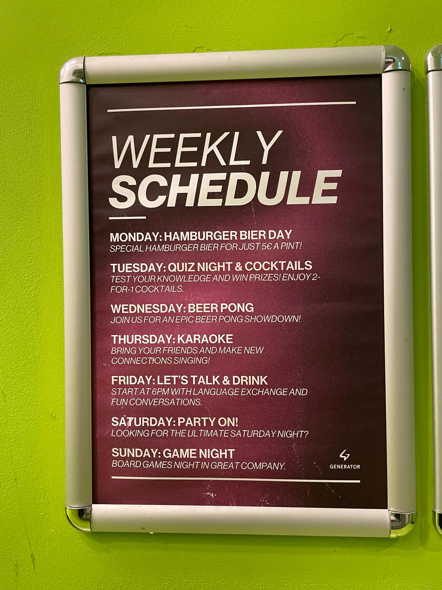 Weekly social event schedule displayed at Generator Hostel Hamburg