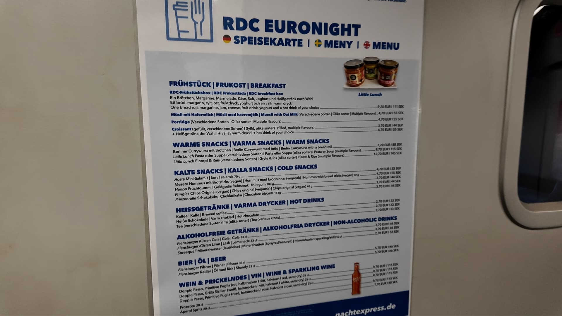 Food and drinks menu on the RDC EuroNight from Stockholm to Hamburg