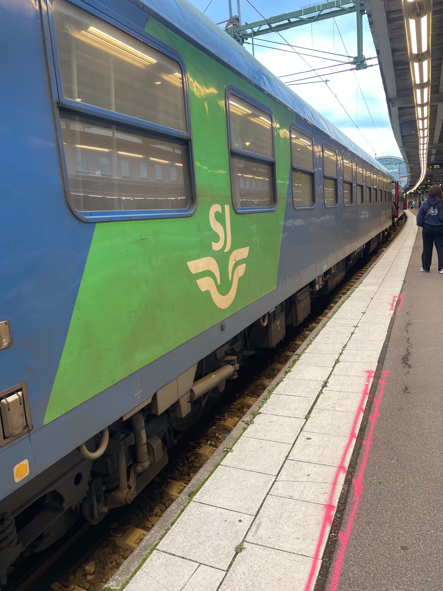 Blue and green RDC EuroNight carriage with SJ branding at Stockholm Central