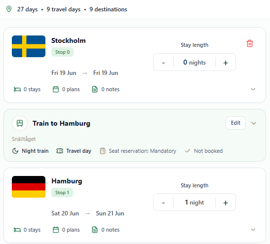 Trip route card with Stockholm to Hamburg train